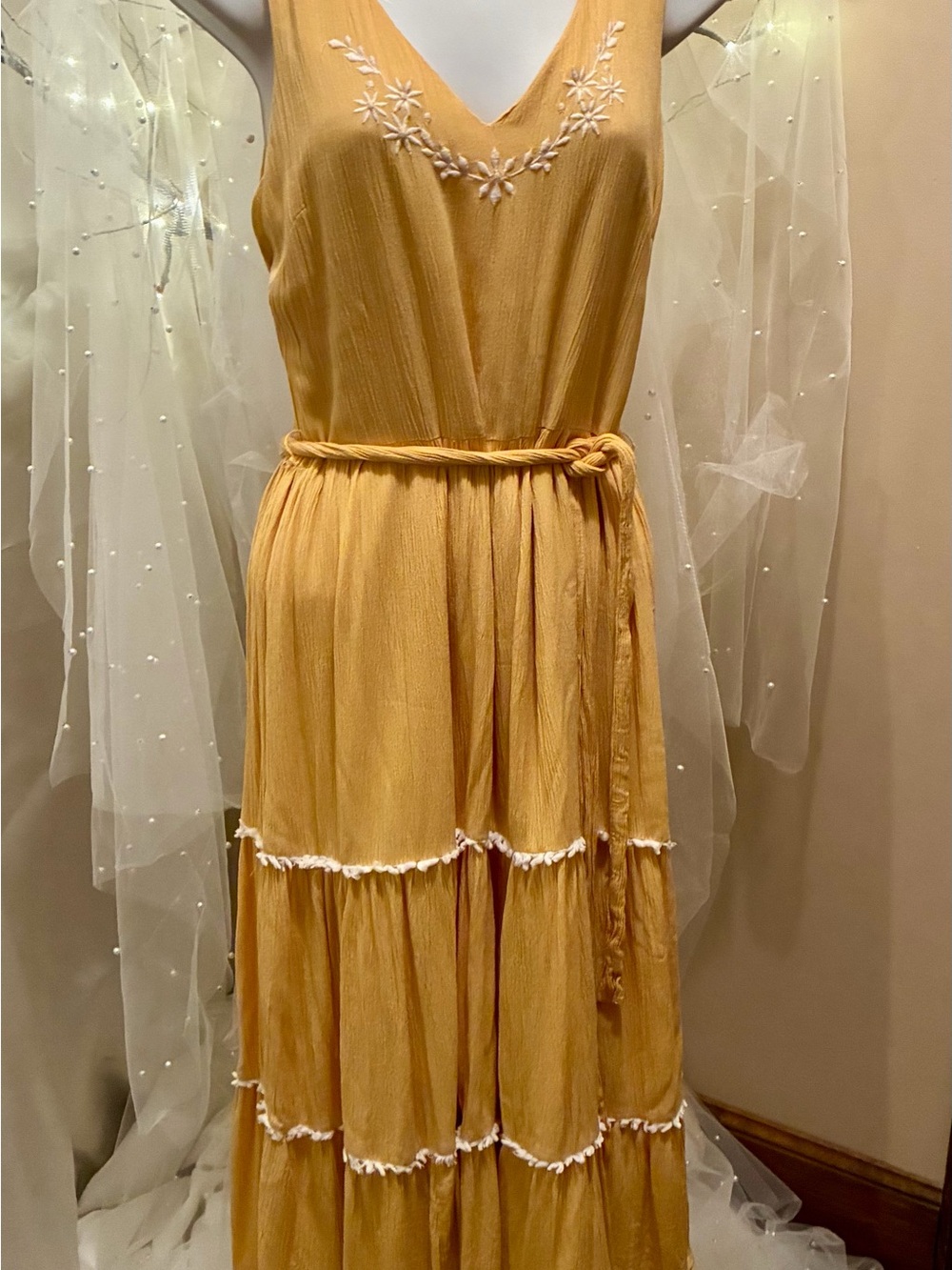 Joie Mustard Yellow Tiered Maxi Dress with Embroidered V-Neck